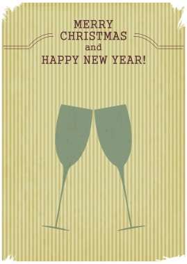 Retro merry christmas ve yeni yıl kartı ile şampanya bardağı