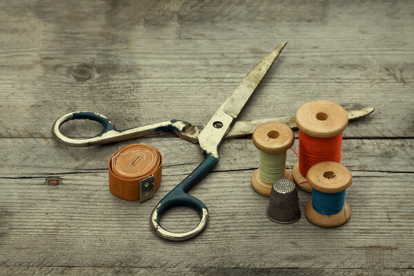 Vintage Background with sewing tools. 
