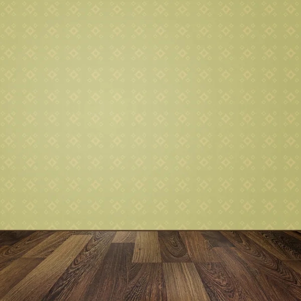 Background with wooden floor and wall with retro wallpaper — Stock Photo, Image