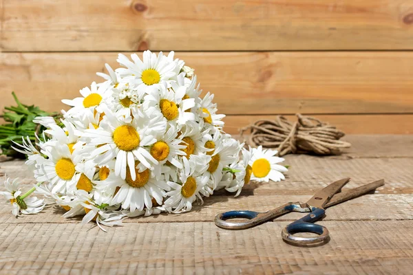 Bouquet de marguerites, ciseaux et corde sur fond bois — Photo