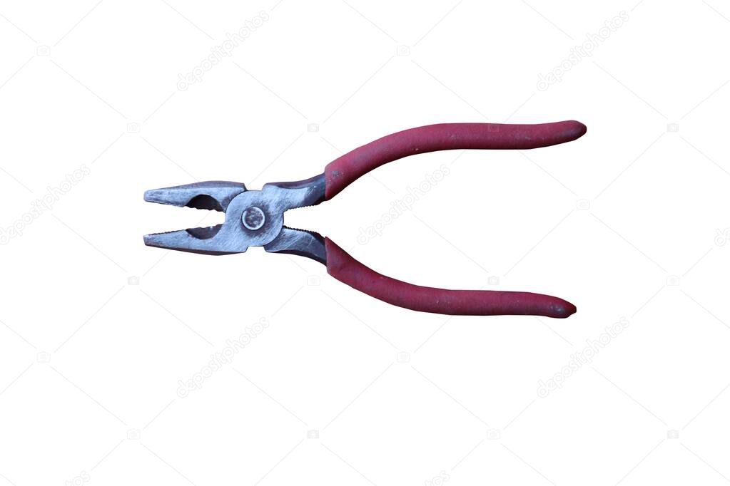 Old used plier, hand working tool isolated on white