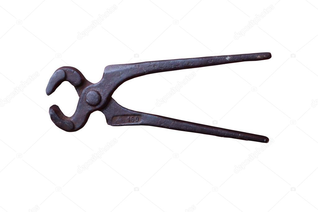 Old used rusty plier, hand working tool isolated on white