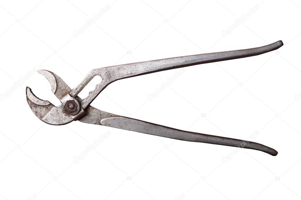 Old used adjustable wrench, hand working tool, isolated on white background