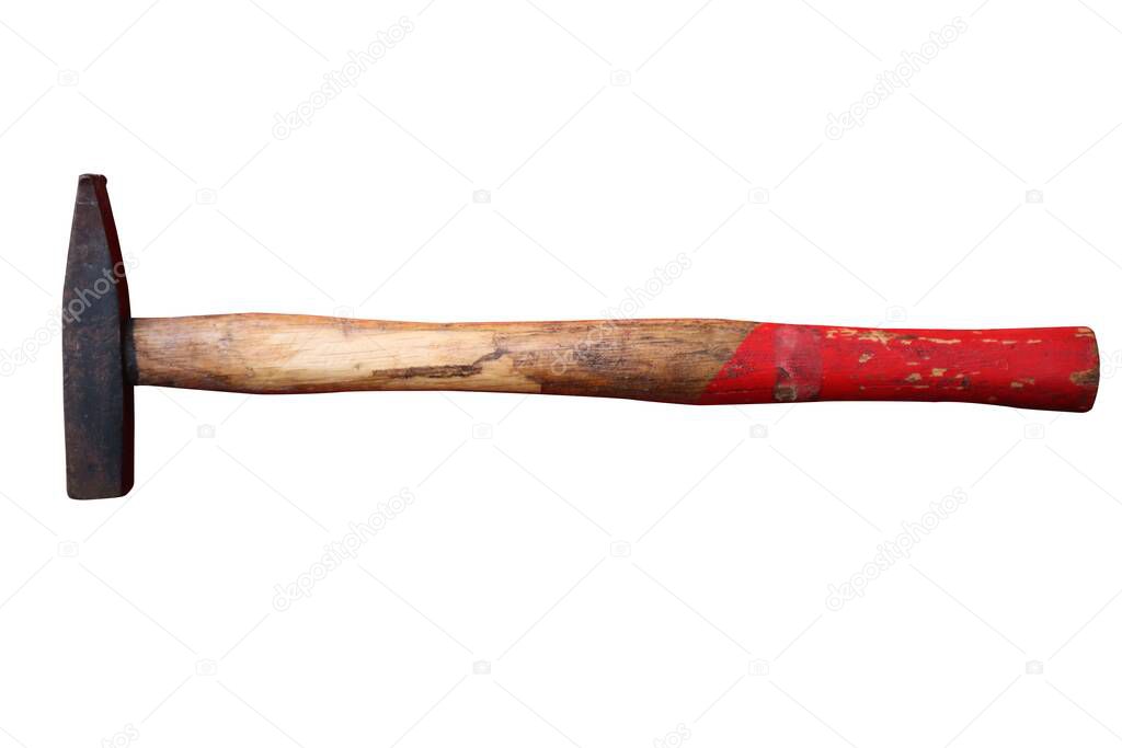 Old used hammer hand working tool isolated on white background