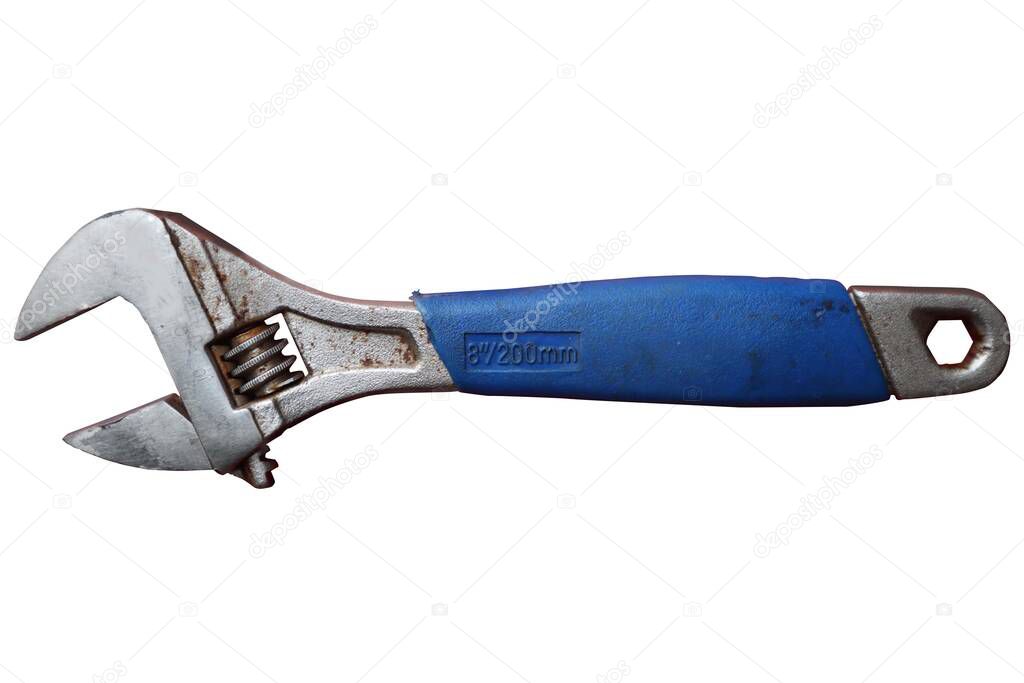 Old used adjustable wrench, hand working tool, isolated on white background