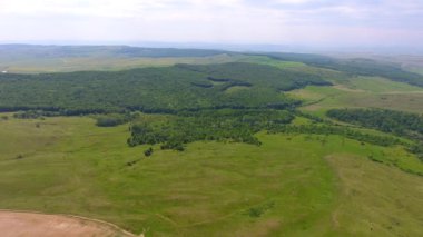 Hasat tarlaları ve ormanın havadan görünüşü, bahar zamanı, Romanya 'nın güzel manzarası