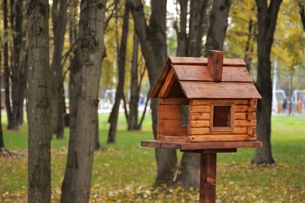 Parkta Küçük Ahşap Bir Kuşlar Sincaplar Için Besleyici — Stok fotoğraf