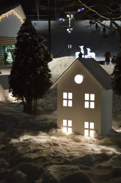 Slavnostní Výzdoba Městského Parku Zimní Prázdniny Roztomilé Lucerny Podobě Domu — Stock fotografie