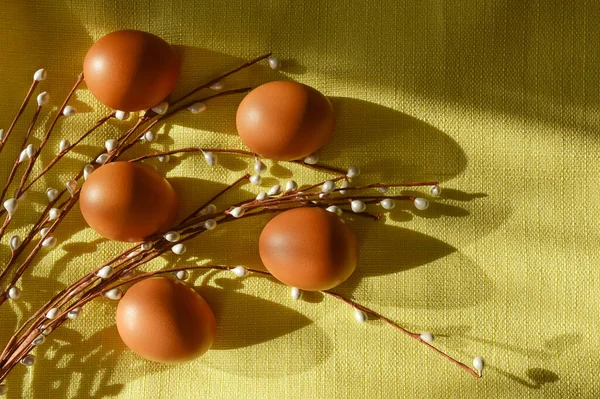 Feliz Páscoa Bela Decoração Para Férias Primavera Ovos Galinha Salgueiro — Fotografia de Stock
