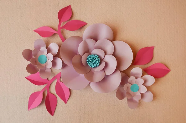 El yapımı kağıt çiçekler. Duvar dekorasyonu için dekorasyon. Tatil için arkaplan.