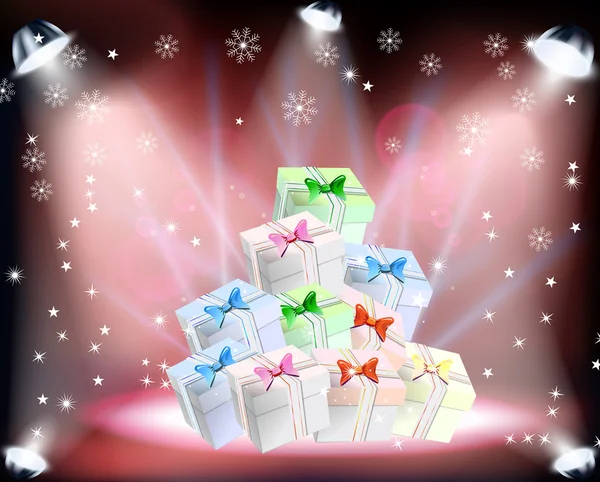 Χριστουγεννιάτικη συναυλία με δώρα, προβολείς και sowflakes — Διανυσματικό Αρχείο