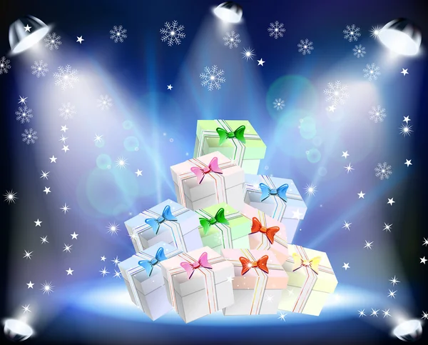 Weihnachtskonzert mit Geschenken, Scheinwerfern und Flocken — Stockvektor
