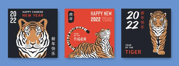 Año Nuevo Chino 2022 con símbolos de tigre. Conjunto de póster vectorial para festival asiático tradicional. Los jeroglíficos significan símbolo del Año del Tigre y Feliz Año Nuevo Chino. Tarjetas de felicitación para celebrar — Vector de stock