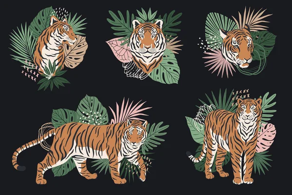 Conjunto de ilustraciones de tigre de silueta con hojas de palma. Colección de símbolos 2022. Símbolos del zodiaco chino de estilo moderno y colores de moda. Tigres vectores para tarjetas de felicitación y feliz año nuevo Ilustraciones de stock libres de derechos