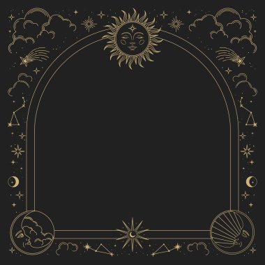 Güneş, ay, yıldızlar ve takımyıldızlı sihirli vektör çerçevesi. Altın zarif bir süs. Tarot için mistik çerçeve, ezoterik, astroloji tasarımı. Poster ve baskılar için şablon