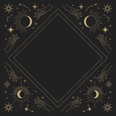 Güneş, eller, ay, yıldızlar ve takımyıldızlı sihirli vektör çerçevesi. Altın zarif bir süs. Tarot için mistik çerçeve, ezoterik, astroloji tasarımı. Poster ve baskılar için şablon