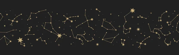 Borde vectorial mágico sin costuras con constelaciones y estrellas. Adorno decorativo de oro. Patrón gráfico para astrología, esotérico, tarot, místico y mágico. Diseño elegante de lujo — Vector de stock