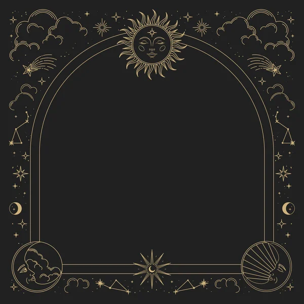 Волшебная векторная рамка с солнцем, луной, звездами и созвездиями. Золотой элегантный орнамент. Мистическая рамка для таро, эзотерического, астрологического дизайна. Шаблон для плакатов и гравюр — стоковый вектор