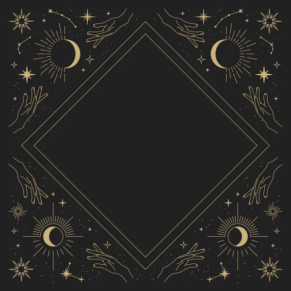 Güneş, eller, ay, yıldızlar ve takımyıldızlı sihirli vektör çerçevesi. Altın zarif bir süs. Tarot için mistik çerçeve, ezoterik, astroloji tasarımı. Poster ve baskılar için şablon