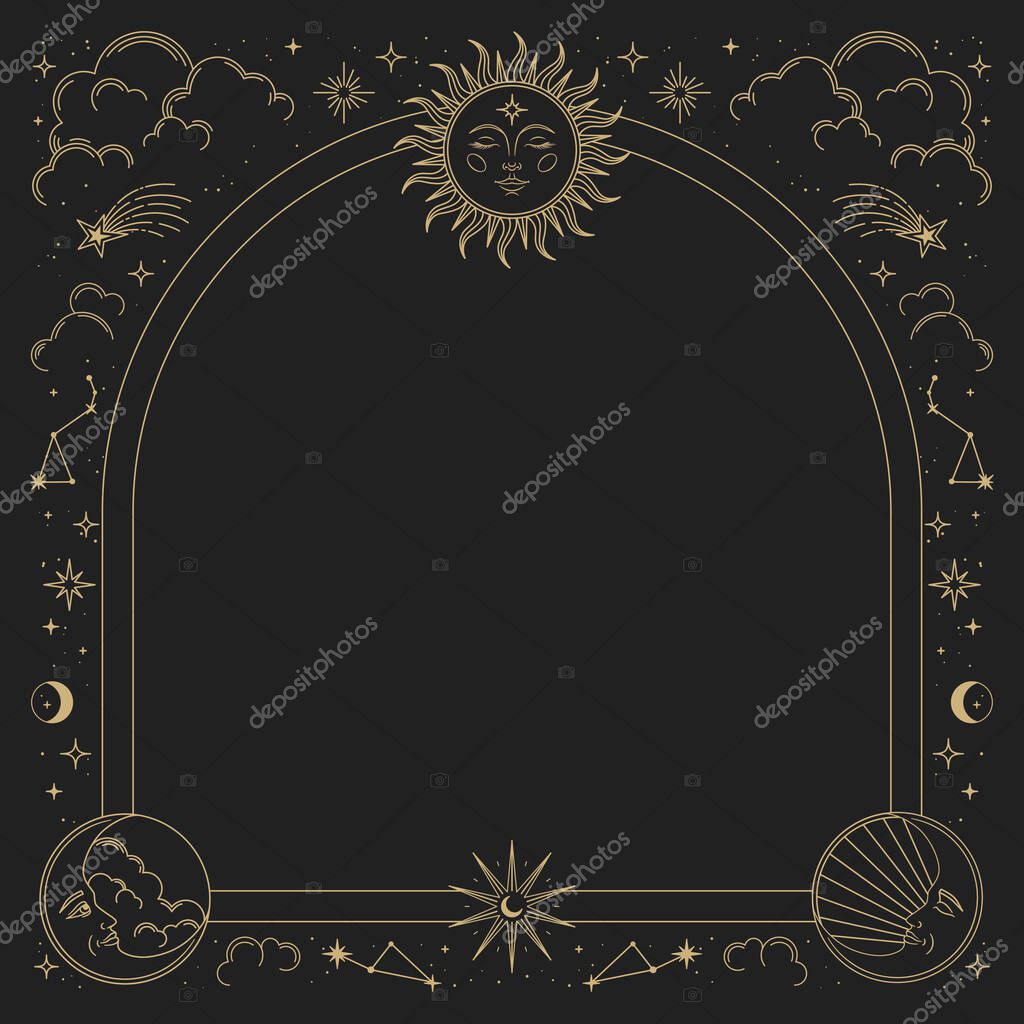 Magic vector frame with sun, moon, stars and constellations. Gold elegant ornament. Mystic frame for tarot, esoteric, astrology design. Template for poster and prints.