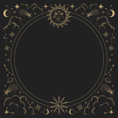 Güneş, ay, yıldızlar ve takımyıldızlı sihirli vektör çerçevesi. Altın zarif bir süs. Tarot için mistik çerçeve, ezoterik, astroloji tasarımı. Poster ve baskılar için şablon