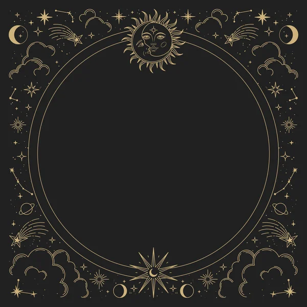 Güneş, ay, yıldızlar ve takımyıldızlı sihirli vektör çerçevesi. Altın zarif bir süs. Tarot için mistik çerçeve, ezoterik, astroloji tasarımı. Poster ve baskılar için şablon