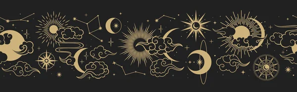 Магічні безшовні векторні межі з супутниками, хмарами, зорями і сонцями. Китайські золоті декоративні прикраси. Графічний зразок астрології, езотерики, таро, містики та магії. — стоковий вектор