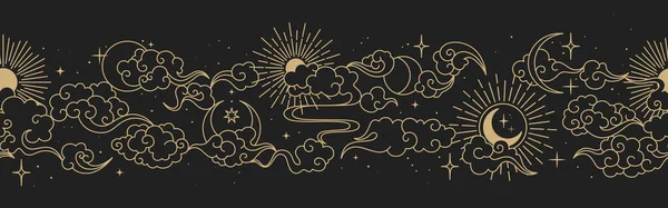 Borde vectorial mágico sin costuras con lunas, nubes, estrellas y soles. Adorno decorativo de oro chino. Patrón gráfico para astrología, esotérico, tarot, místico y mágico — Vector de stock