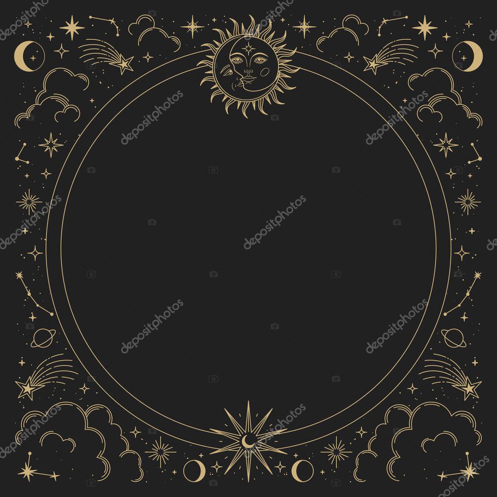Magic vector frame with sun, moon, stars and constellations. Gold elegant ornament. Mystic frame for tarot, esoteric, astrology design. Template for poster and prints.