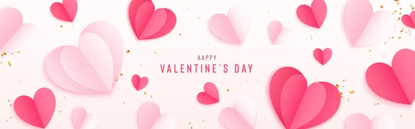 Feliz cartão de Dia de São Valentim com corações de papel 3d e confete. Modelo de design de feriado vetorial. Fundo rosa romântico para banner, cartaz, cartão de saudação, panfleto, brochura moderna —  Vetores de Stock