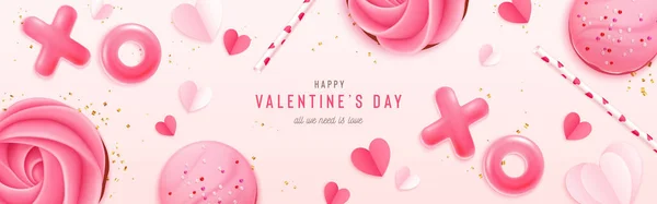 Happy Valentines Day poster. Vector holiday template with pink pancakes, paper hearts, jelly sweets, macaroon, confetti. Romantic background for banner, poster, greeting card, flyer, modern brochure — Stock Vector