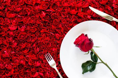 Red rose put on white plate with knife and fork on red rose background for dining, anniversary and Valentine's day concept.