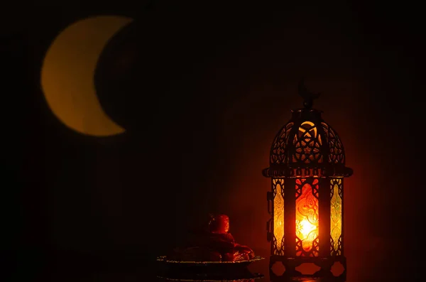 Lantern Small Plate Dates Fruit Moon Shape Light Background Muslim — Stock Photo, Image