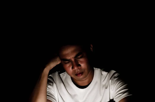 Asian Miserable Depressed Man Sitting Alone Dark Background Depression Mental — Stock Photo, Image