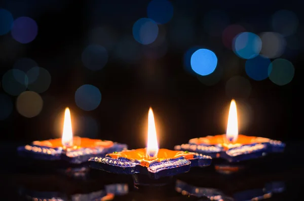 Selective Focus Flame First Clay Diya Lamps Lit Dark Background — 스톡 사진