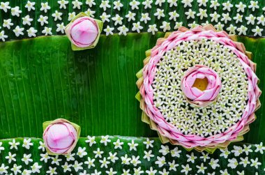 Pembe nilüfer çiçeği, Tayland Dolunayı için taç çiçeği ya da muz yapraklarıyla Loy Krathong festivali.