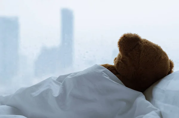 Teddy bear sleeping alone on bed with white pillow and blanket facing to window with rain drop in the lonely day.