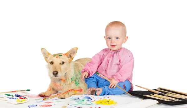 Baby and dog painting — Stock Photo, Image