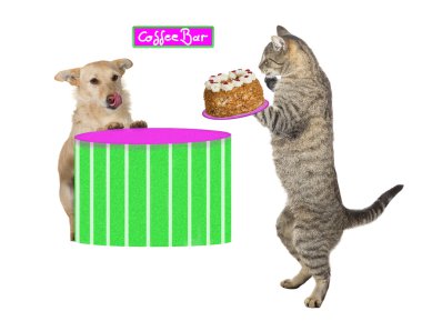 Kitty serving a dog a cream cake clipart