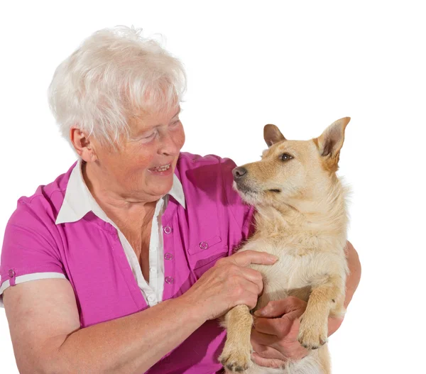 Liebe zwischen einer älteren Frau und ihrem Hund — Stockfoto