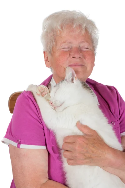 Пенсионерка обнимает свою белую кошку — стоковое фото