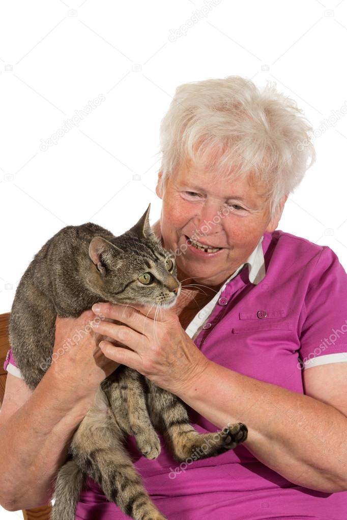 Happy pensioner with her cat