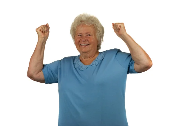 Šťastný starší dáma s rukama nahoru — Stock fotografie