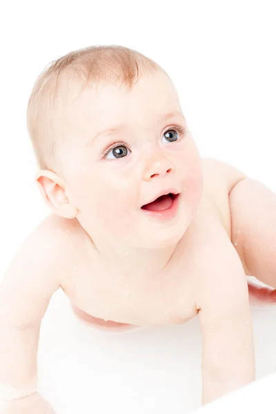 お風呂の中に男の子の赤ちゃん ロイヤリティフリーのストック写真