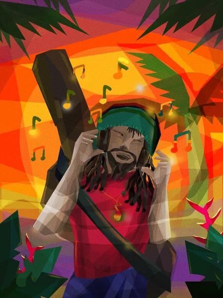 Rastafari Musician Listening Music His Headphones Digital Art — Stock Photo, Image
