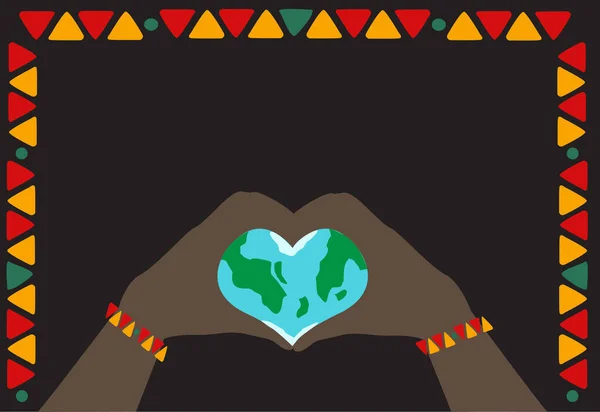 Hands Heart Shaped Globe Tribal Motif Frame Editable Clip Art — Image vectorielle