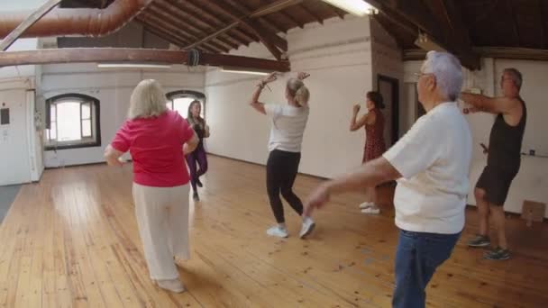 Longue vue des hommes et des femmes âgés concentrés dansant dans la salle de bal — Video