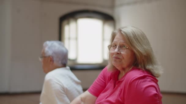 Mujer mayor hablando con amigos después de clases de baile en el estudio — Vídeos de Stock
