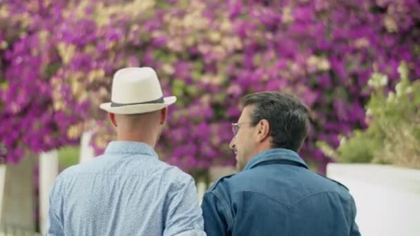 Pohled zezadu na homosexuální muže, jak jdou na zahradu s šeříky — Stock video