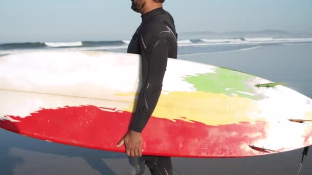 海岸線に立つウェットスーツ姿の重大なサーファー — ストック動画